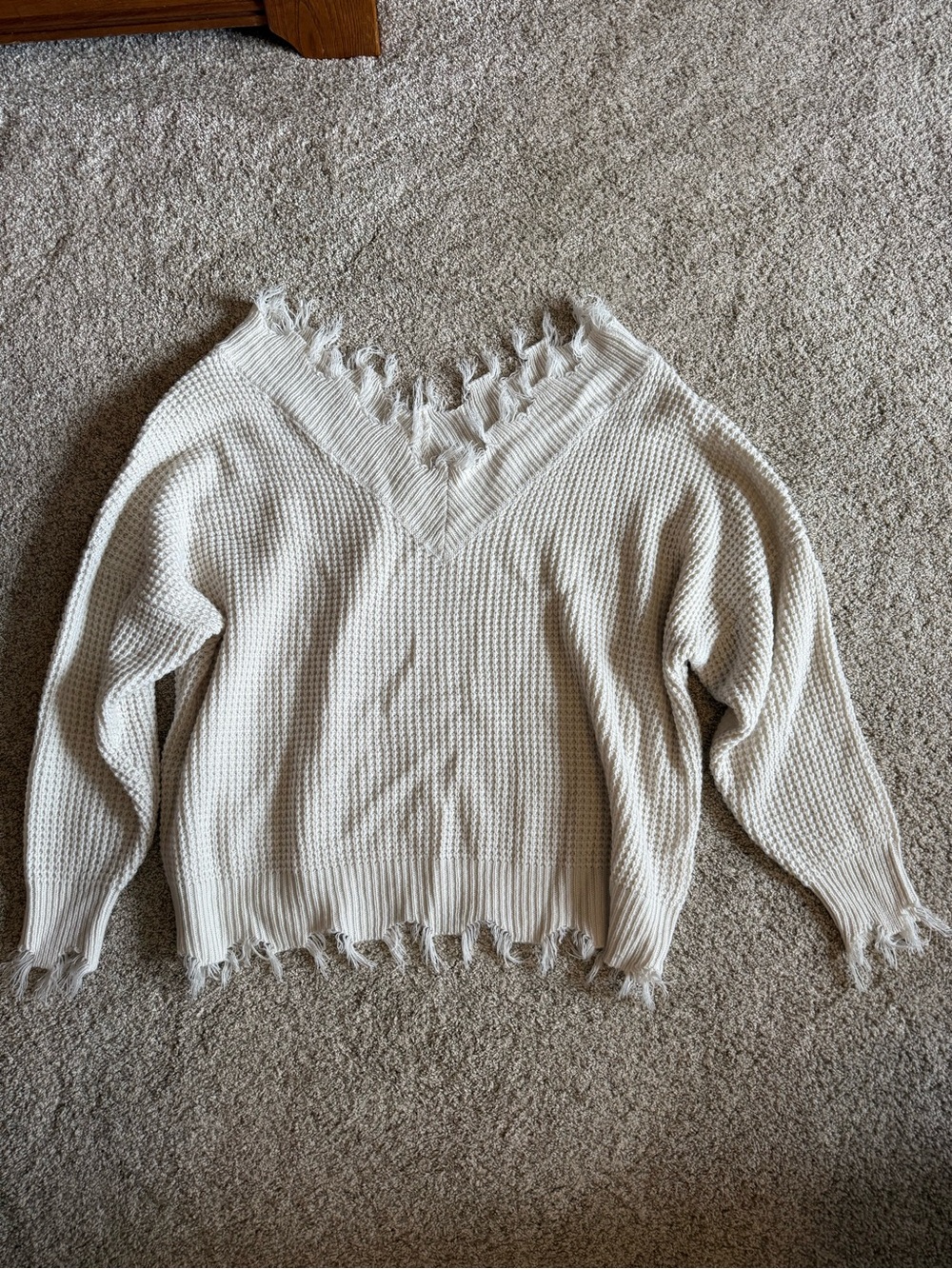 Zenana Outfitters Frayed V-Neck Sweater - Cream